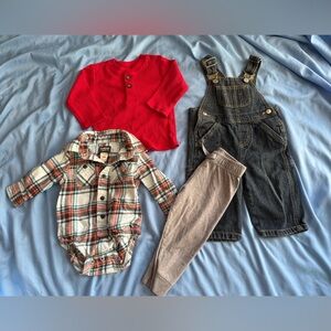 ✨Baby Boy Bundle✨ Plaid Onesie and Red Top with Denim Overalls and Sweats Set